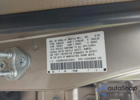 2005 Honda Accord 2.4 Lx из США, поврежденный, VIN 1HGCM56425A192601